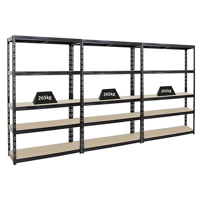 Proregal Schwerlastregal Mega Deal Giant Tiger - H x B x T: 200 x 120 x 40 cm, Traglast pro Boden: 265 kg, Anzahl Böden: 5 Stk., Stecken, Schwarz - Abbildung eines schwarzen Schwerlastregals mit drei Fächern und einer Traglast von 265 kg pro Fach.