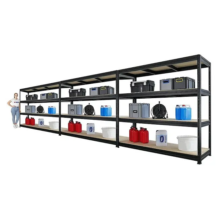 Proregal Schwerlastregal Mega Deal DINO - Traglast pro Boden: 500 kg, Anzahl Böden: 4 Stk., Stecken, Schwarz - Vielseitiges Schwerlastregal mit vier Ebenen zur Lagerung verschiedener Behälter und Boxen. Ideal für Garage oder Keller.