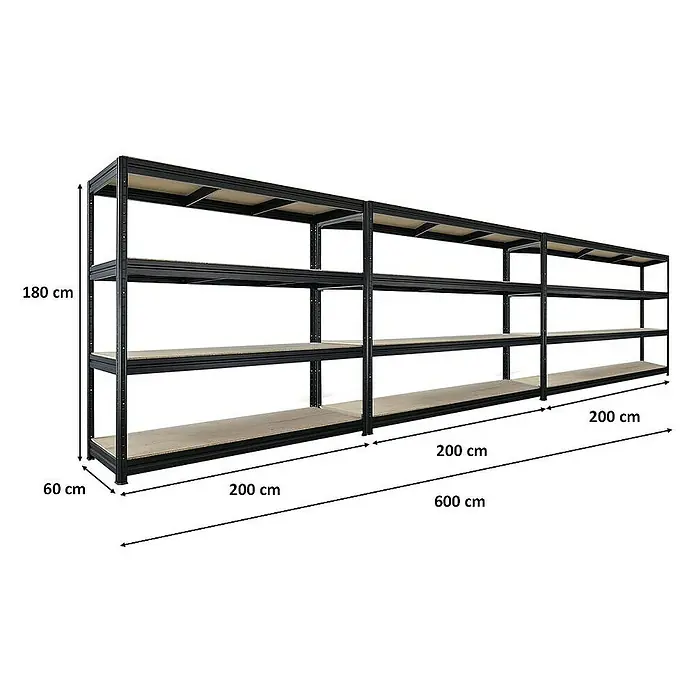 Proregal Schwerlastregal Mega Deal DINO - Traglast pro Boden: 500 kg, Anzahl Böden: 4 Stk., Stecken, Schwarz - Lagerregal aus Metall mit vier Ebenen und den Maßen 180 cm Höhe, 60 cm Tiefe und 600 cm Breite.