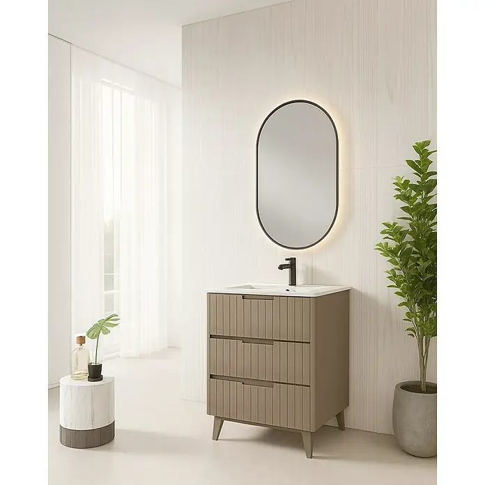 Mueble bajo de lavabo Claire - L x An x Al: 45 x 60 x 81 cm, Moka, 1 seno, empotrado, salida central, Número de cajones: 3 ud. - Elegante baño con mueble de lavabo de tres cajones en color topo y espejo ovalado retroiluminado para un ambiente moderno.