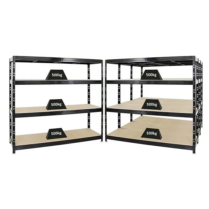 Proregal Schwerlastregal Mega Deal Profi RHINO - Traglast pro Boden: 500 kg, Anzahl Böden: 4 Stk., Stecken, Schwarz - Zwei robuste Regale mit schwarzen Metallrahmen und hellbraunen Einlegeböden, jeweils mit einer Gewichtsangabe von 500kg auf den Regalböden.