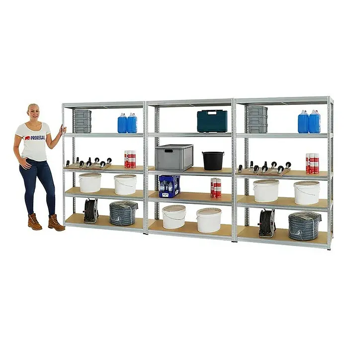 Proregal Schwerlastregal Mega Deal Big Elephant S - H x B x T: 180 x 120 x 45 cm, Traglast pro Boden: 250 kg, Anzahl Böden: 5 Stk., Stecken, Verzinkt - Lagerregal mit verschiedenen Gegenständen und einer Frau. Das Regal ist mit Behältern, Eimern, Werkzeugen und anderen Utensilien bestückt.