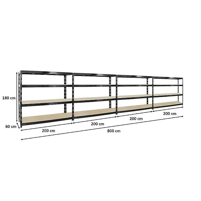 Proregal Schwerlastregal Mega Deal Profi RHINO - Traglast pro Boden: 500 kg, Anzahl Böden: 4 Stk., Stecken, Schwarz - Abbildung eines Regalsystems mit den Maßen 180 x 60 x 800 cm zur Produktvisualisierung.