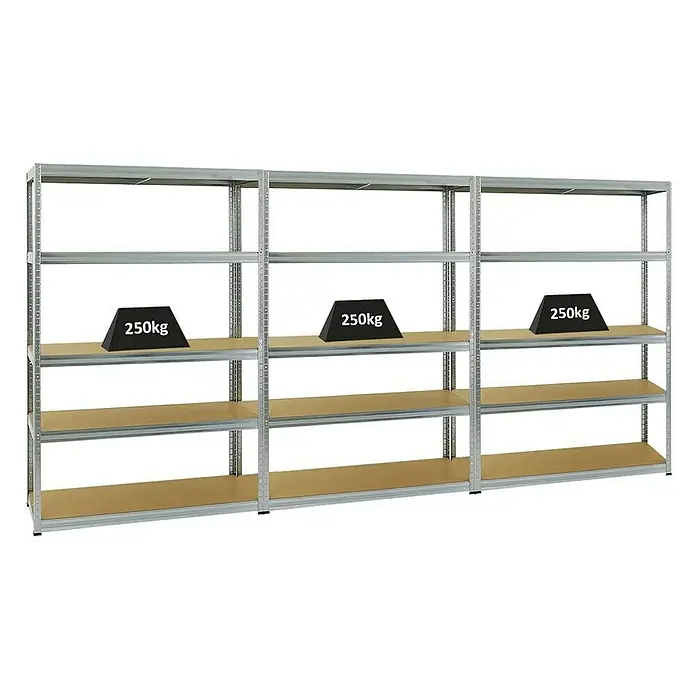 Proregal Schwerlastregal Mega Deal Big Elephant S - H x B x T: 180 x 120 x 45 cm, Traglast pro Boden: 250 kg, Anzahl Böden: 5 Stk., Stecken, Verzinkt - Regal mit drei Ebenen, auf denen jeweils ein 250 kg Gewicht liegt. Stabiles Metallregal für Lager und Werkstatt.