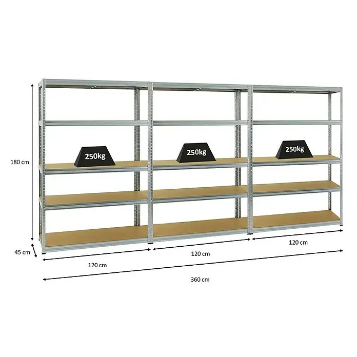 Proregal Schwerlastregal Mega Deal Big Elephant S - H x B x T: 180 x 120 x 45 cm, Traglast pro Boden: 250 kg, Anzahl Böden: 5 Stk., Stecken, Verzinkt - Dreiteiliges Schwerlastregal mit je 250kg Traglast pro Ebene, ideal für Lagerung. Das Regal ist 180cm hoch und 360cm breit.