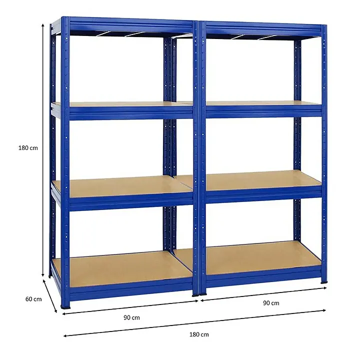 Proregal Schwerlastregal Mega Deal DINO - H x B x T: 180 x 90 x 60 cm, Traglast pro Boden: 600 kg, Anzahl Böden: 4 Stk., Stecken, Blau - Regal aus blauem Metall mit vier Regalböden. Abmessungen: 180 cm hoch, 180 cm breit und 60 cm tief.