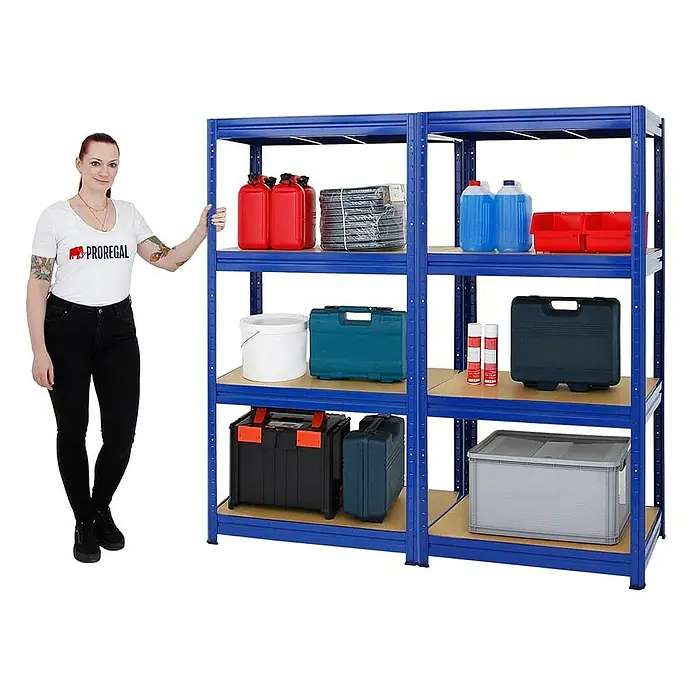Proregal Schwerlastregal Mega Deal DINO - H x B x T: 180 x 90 x 60 cm, Traglast pro Boden: 600 kg, Anzahl Böden: 4 Stk., Stecken, Blau - Produktbild: Ein blaues Metallregal mit Holzregalböden, das mit verschiedenen Behältern und Werkzeugen gefüllt ist.