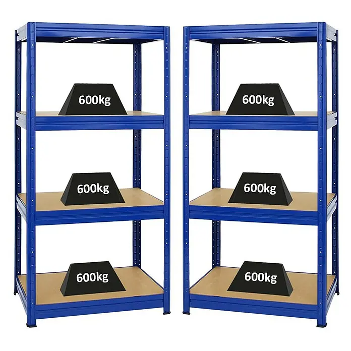 Proregal Schwerlastregal Mega Deal DINO - H x B x T: 180 x 90 x 60 cm, Traglast pro Boden: 600 kg, Anzahl Böden: 4 Stk., Stecken, Blau - Zwei blaue Schwerlastregale mit jeweils vier Regalböden, auf denen Gewichte mit der Aufschrift "600kg" liegen.