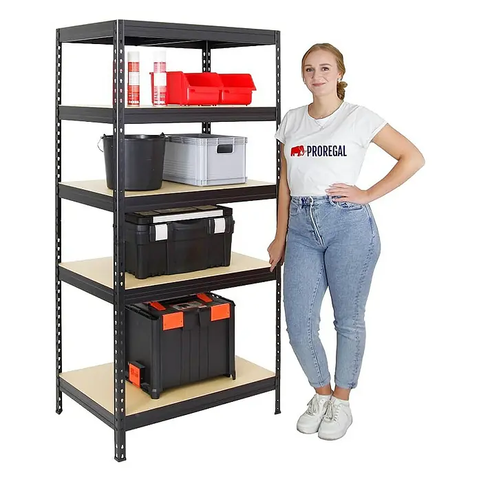 Proregal Schwerlastregal Mega Deal Rivet - Traglast pro Boden: 250 kg, Anzahl Böden: 5 Stk., Stecken, Schwarz - Abbildung eines schwarzen Metallregals mit fünf Regalböden und einer Frau, die daneben steht. Das Regal ist mit verschiedenen Gegenständen gefüllt.