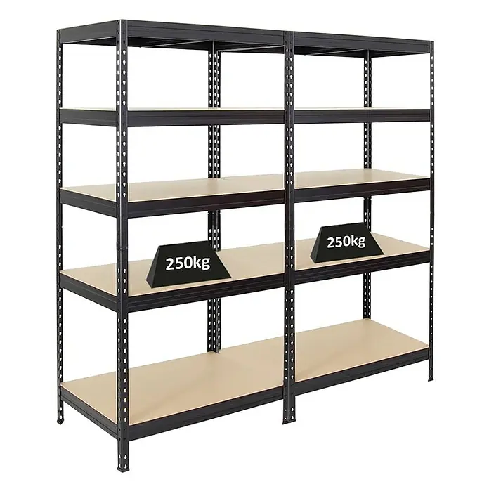 Proregal Schwerlastregal Mega Deal Rivet - Traglast pro Boden: 250 kg, Anzahl Böden: 5 Stk., Stecken, Schwarz - Regaleinheit aus Metall mit Holzböden, ideal für Garage oder Lager. Sie bietet viel Stauraum und ist belastbar.