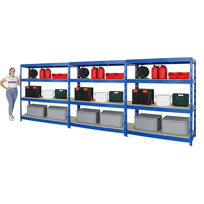 Proregal Schwerlastregal Mega Deal Profi RHINO - Traglast pro Boden: 500 kg, Anzahl Böden: 4 Stk., Stecken, Blau - Ein blaues Schwerlastregal mit vier Ebenen, gefüllt mit verschiedenen Behältern und Kanistern. Es steht vor einem weißen Hintergrund.