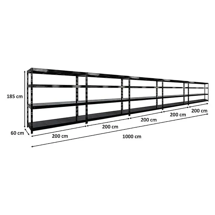 Proregal Schwerlastregal Mega Deal Profi RHINO - Traglast pro Boden: 500 kg, Anzahl Böden: 4 Stk., Stecken, Schwarz - Schwarzes Regalsystem mit vier Ebenen, bestehend aus fünf Regaleinheiten, mit einer Gesamtlänge von 1000 cm.