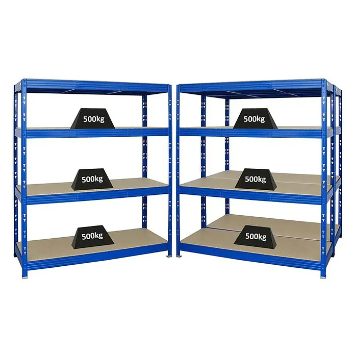 Proregal Schwerlastregal Mega Deal Profi RHINO - Traglast pro Boden: 500 kg, Anzahl Böden: 4 Stk., Stecken, Blau - Bild von zwei blauen Regalen mit Spanplattenböden, von denen jeder mit drei schwarzen Blöcken von 500 kg belastet ist.