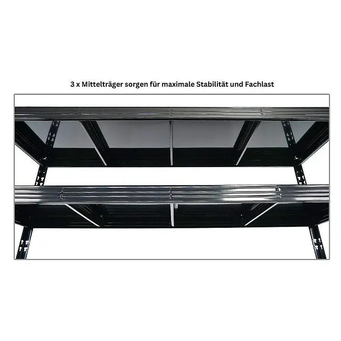 Proregal Schwerlastregal Mega Deal Profi RHINO - Traglast pro Boden: 500 kg, Anzahl Böden: 4 Stk., Stecken, Schwarz - Ansicht eines schwarzen Metallregals mit drei Mittelträgern für Stabilität und Fachlast.