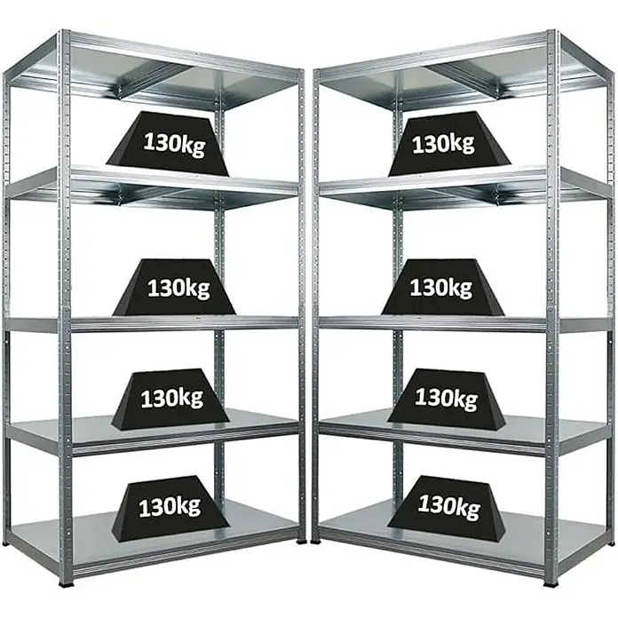 Proregal Metallregal Mega Deal Steel Eagle - Traglast pro Boden: 130 kg, Anzahl Böden: 5 Stk., Stecken, Verzinkt - Metallregale mit je vier Ablagen und Gewichtsangaben, ideal für Lagerung und Ordnung in Werkstatt oder Lager.