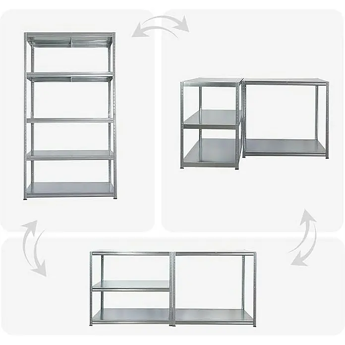 Proregal Metallregal Mega Deal Steel Eagle - Traglast pro Boden: 130 kg, Anzahl Böden: 5 Stk., Stecken, Verzinkt - Dieses Bild zeigt ein vielseitiges, modulares Metallregalsystem, das sich für unterschiedliche Lagerbedürfnisse konfigurieren lässt.