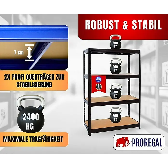 Proregal Schwerlastregal DINO - H x B x T: 180 x 120 x 60 cm, Traglast pro Boden: 600 kg, Anzahl Böden: 4 Stk., Stecken, Schwarz - Produktbild des Proregal Schwerlastregals mit Details zur Stabilität und Tragfähigkeit.