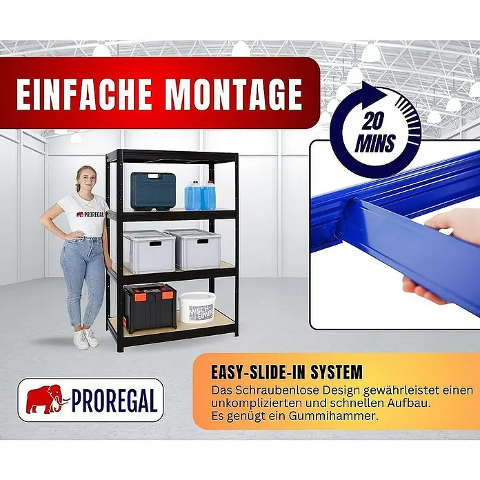 Proregal Schwerlastregal DINO - H x B x T: 180 x 120 x 60 cm, Traglast pro Boden: 600 kg, Anzahl Böden: 4 Stk., Stecken, Schwarz - Das Bild zeigt ein Proregal Schwerlastregal mit einfacher Montage, inklusive einer Frau und Zubehör zur Präsentation des Regals.