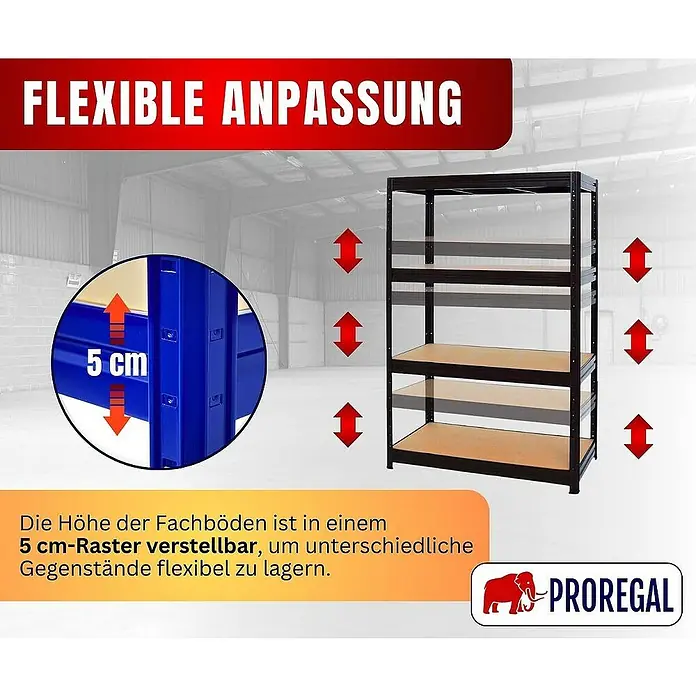 Proregal Schwerlastregal DINO - H x B x T: 180 x 120 x 60 cm, Traglast pro Boden: 600 kg, Anzahl Böden: 4 Stk., Stecken, Schwarz - Produktbild eines Proregal-Lagerschranks mit variabler Fachbodenhöhe.