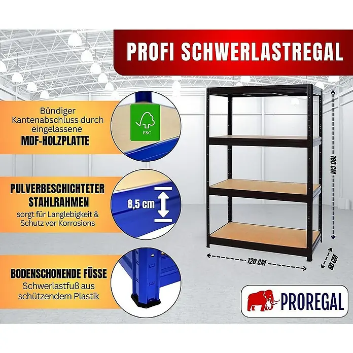 Proregal Schwerlastregal DINO - H x B x T: 180 x 120 x 60 cm, Traglast pro Boden: 600 kg, Anzahl Böden: 4 Stk., Stecken, Schwarz - Schwerlastregal mit vier Ebenen, pulverbeschichtetem Stahlrahmen und bodenschonenden Füßen. MDF-Holzplatten mit bündigem Kantenabschluss.