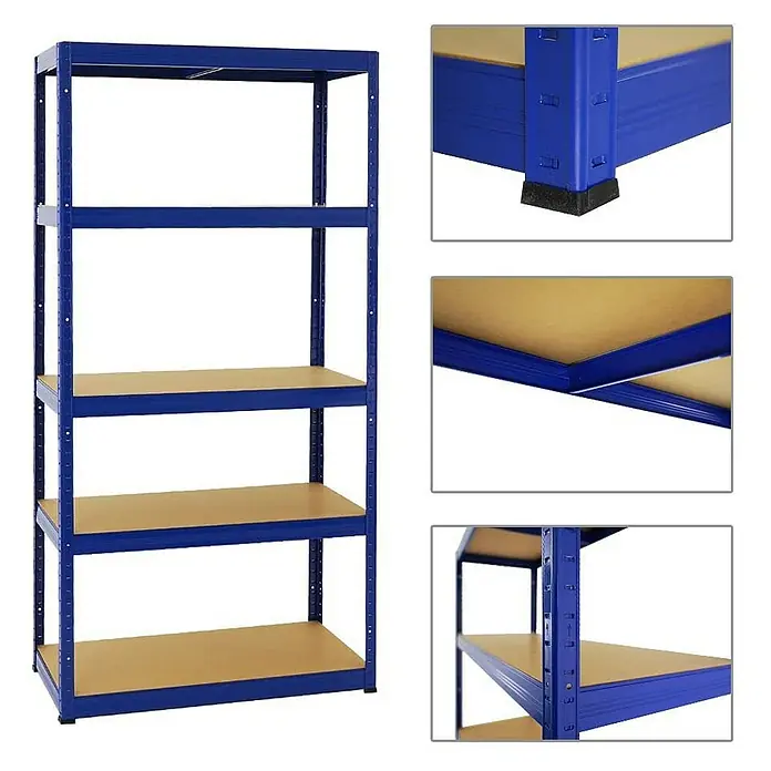 Proregal Schwerlastregal Mega Deal Slim Elephant S - Traglast pro Boden: 350 kg, Anzahl Böden: 5 Stk., Stecken, Blau - Blaues Metallregal mit fünf Holzböden und Detailansichten von Ecke, Boden und Standfuß für Lagerung und Organisation.