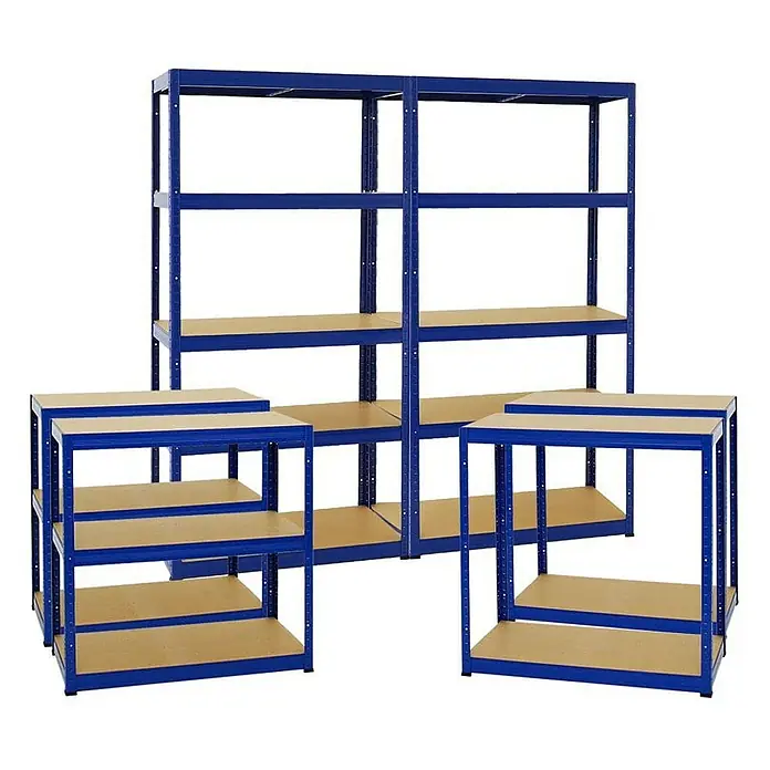 Proregal Schwerlastregal Mega Deal Slim Elephant S - Traglast pro Boden: 350 kg, Anzahl Böden: 5 Stk., Stecken, Blau - Ein Set aus robusten blauen Metallregalen mit Holzregalböden in verschiedenen Größen für vielseitige Lagerlösungen.
