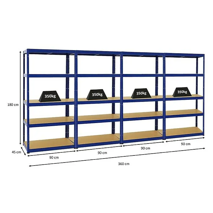 Proregal Schwerlastregal Mega Deal Slim Elephant S - Traglast pro Boden: 350 kg, Anzahl Böden: 5 Stk., Stecken, Blau - Regal mit vier Ebenen, blauem Rahmen und Holzregalböden, beladen mit 350kg Gewichten zur Demonstration der Tragfähigkeit.