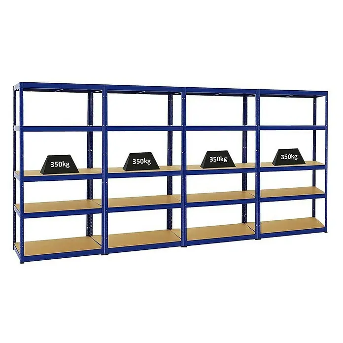Proregal Schwerlastregal Mega Deal Slim Elephant S - Traglast pro Boden: 350 kg, Anzahl Böden: 5 Stk., Stecken, Blau - Abbildung eines blauen Schwerlastregals mit Holzregalböden, von denen einige mit Gewichten von 350 kg belastet sind.