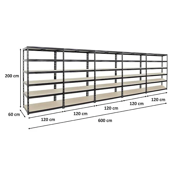 Proregal Schwerlastregal Mega Deal Giant Tiger - Traglast pro Boden: 265 kg, Anzahl Böden: 6 Stk., Stecken, Schwarz - Abbildung eines langen, schwarzen Metallregals mit mehreren Regalböden, das sich ideal für Lager- oder Organisationszwecke eignet.