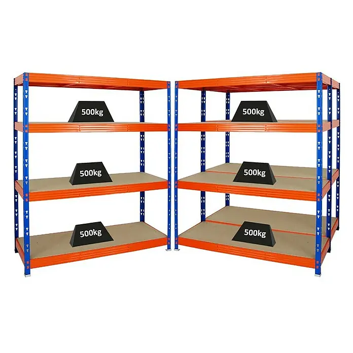 Proregal Schwerlastregal Mega Deal Profi RHINO - Traglast pro Boden: 500 kg, Anzahl Böden: 4 Stk., Stecken, Blau-Orange - Regal mit vier Ebenen und Lasten. Das Schwerlastregal mit orangefarbenen Traversen und blauen Rahmen ist mit Gewichten von 500kg beladen.
