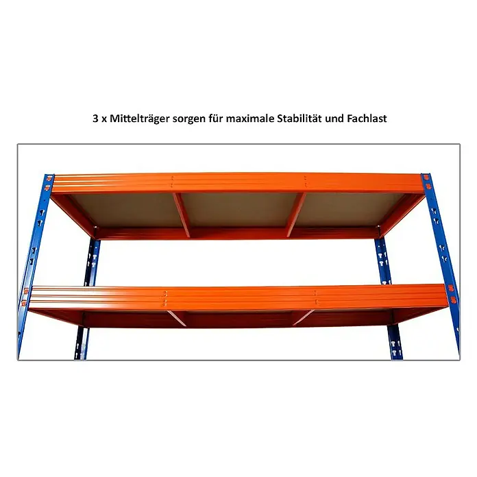 Proregal Schwerlastregal Mega Deal Profi RHINO - Traglast pro Boden: 500 kg, Anzahl Böden: 4 Stk., Stecken, Blau-Orange - Das Bild zeigt ein Schwerlastregal mit drei Mittelträgern, die für maximale Stabilität und Fachlast sorgen. Das Regal ist blau und orange.