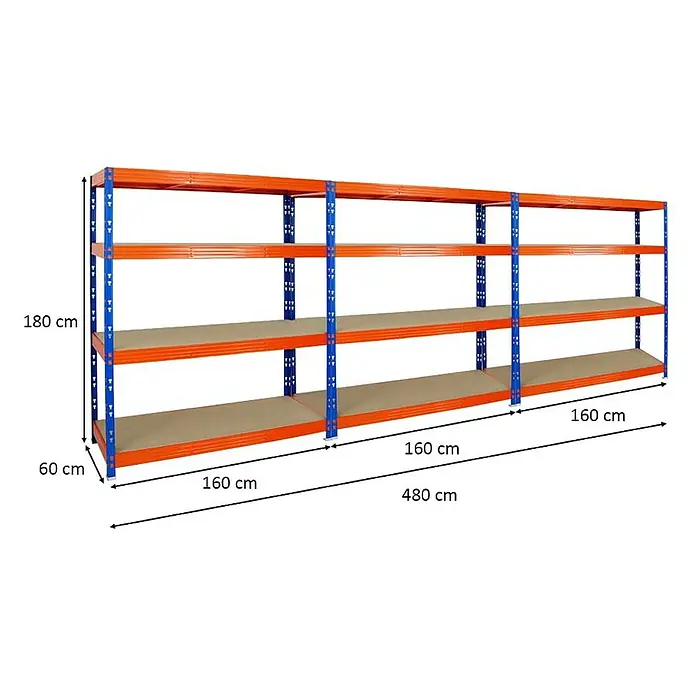 Proregal Schwerlastregal Mega Deal Profi RHINO - Traglast pro Boden: 500 kg, Anzahl Böden: 4 Stk., Stecken, Blau-Orange - Abbildung eines orangefarbenen und blauen Lagerregals mit den Maßen 180 cm Höhe, 60 cm Tiefe und 480 cm Breite.