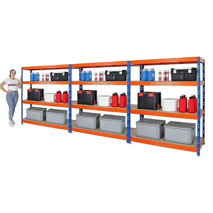 Proregal Schwerlastregal Mega Deal Profi RHINO - Traglast pro Boden: 500 kg, Anzahl Böden: 4 Stk., Stecken, Blau-Orange - Vielseitiges Regal mit vier Ebenen, ideal für Lagerung und Organisation, präsentiert verschiedene Behälter und Flaschen in einem übersichtlichen Design.