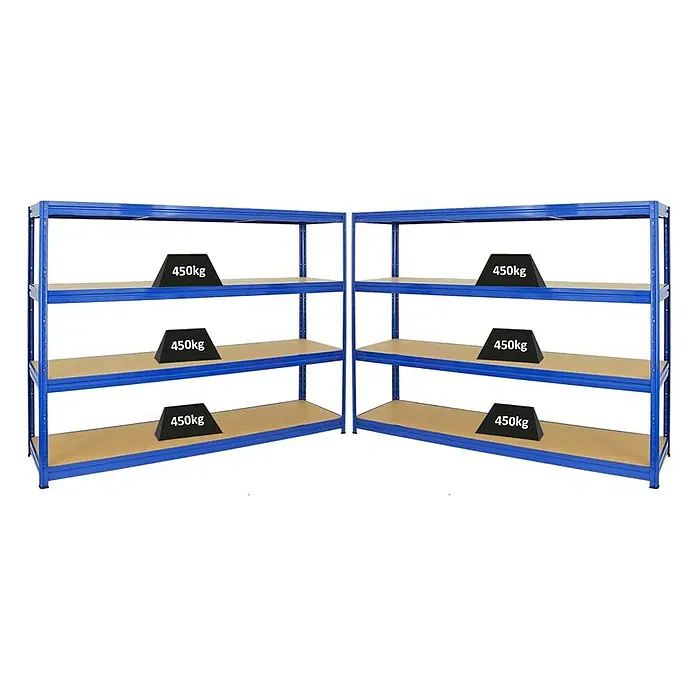Proregal Schwerlastregal Mega Deal DINO - H x B x T: 180 x 240 x 60 cm, Traglast pro Boden: 450 kg, Anzahl Böden: 4 Stk., Stecken, Blau - Zwei blaue Schwerlastregale mit je drei Regalböden, beladen mit Gewichten von 450 kg, dargestellt vor einem weißen Hintergrund.