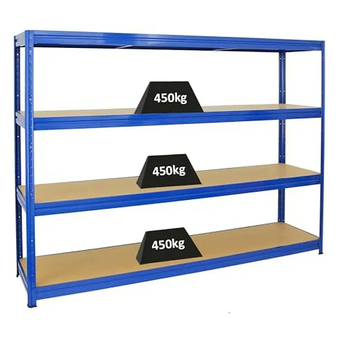 Proregal Schwerlastregal Mega Deal DINO - H x B x T: 180 x 240 x 60 cm, Traglast pro Boden: 450 kg, Anzahl Böden: 4 Stk., Stecken, Blau - Regal mit 3 Ebenen und Gewichten. Die blaue Regalkonstruktion ist stabil und bietet viel Stauraum.