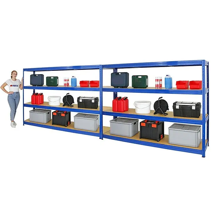 Proregal Schwerlastregal Mega Deal DINO - H x B x T: 180 x 240 x 60 cm, Traglast pro Boden: 450 kg, Anzahl Böden: 4 Stk., Stecken, Blau - Regal mit vier Ebenen, blauem Rahmen und gefüllten Aufbewahrungsboxen in verschiedenen Farben und Größen.