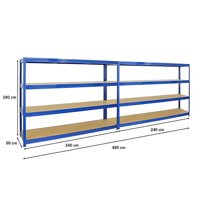Proregal Schwerlastregal Mega Deal DINO - H x B x T: 180 x 240 x 60 cm, Traglast pro Boden: 450 kg, Anzahl Böden: 4 Stk., Stecken, Blau - Abbildung eines blauen Regalsystems mit Holzregalböden und Maßangaben zur Veranschaulichung der Produktabmessungen.