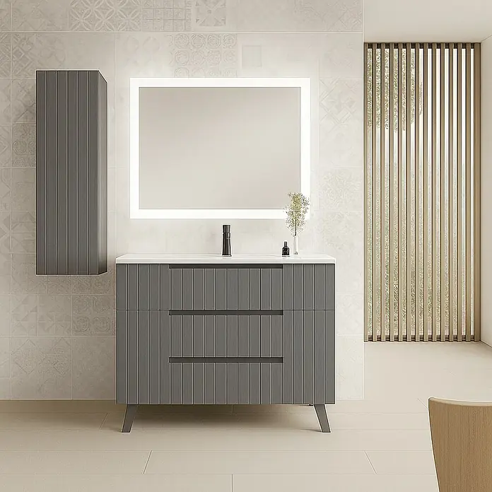 Mueble bajo de lavabo Claire - L x An x Al: 45 x 100 x 81 cm, Gris, 1 seno, empotrado, salida central, Número de cajones: 3 ud. - Baño con mueble de lavabo gris, armario colgante y espejo iluminado para un ambiente moderno.