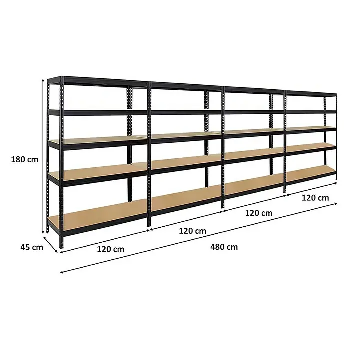 Proregal Schwerlastregal Mega Deal Rivet - Traglast pro Boden: 250 kg, Anzahl Böden: 5 Stk., Stecken, Schwarz - Abbildung eines schwarzen Regals mit vier Ebenen und den Maßen 180 cm Höhe, 120 cm Breite und 45 cm Tiefe.