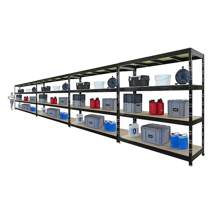 Proregal Schwerlastregal Mega Deal Profi RHINO - H x B x T: 200 x 200 x 60 cm, Traglast pro Boden: 500 kg, Anzahl Böden: 4 Stk., Stecken, Schwarz - Lagerregal mit vier Ebenen voller Behälter und Eimer, ideal für die Organisation von Werkstatt und Lager.