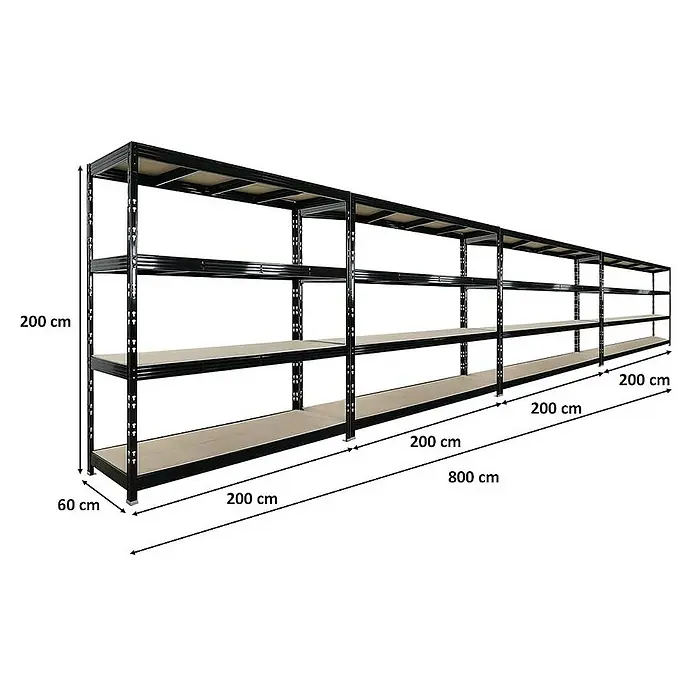 Proregal Schwerlastregal Mega Deal Profi RHINO - H x B x T: 200 x 200 x 60 cm, Traglast pro Boden: 500 kg, Anzahl Böden: 4 Stk., Stecken, Schwarz - Regal mit vier Ebenen, Höhe 200 cm, Breite 60 cm und Länge 800 cm. Das schwarze Metallregal bietet viel Stauraum.