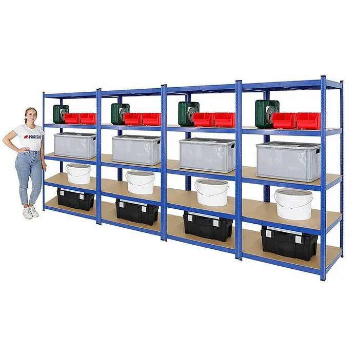 Proregal Schwerlastregal Mega Deal TAURUS 4 Stück - Traglast pro Boden: 175 kg, Anzahl Böden: 5 Stk., Stecken, Blau - Abbildung eines blauen Lagerregals mit vier Ebenen, das mit verschiedenen Gegenständen wie Kisten und Eimern gefüllt ist.