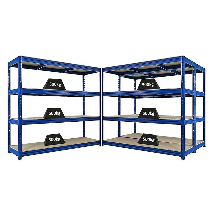 Proregal Schwerlastregal Mega Deal DINO - H x B x T: 180 x 200 x 60 cm, Traglast pro Boden: 500 kg, Anzahl Böden: 4 Stk., Stecken, Blau - Bild eines blauen Metallregals mit vier Ebenen, auf denen jeweils 500 kg schwere Gewichte liegen. Robuste Lagerregale für hohe Lasten im industriellen Bereich.