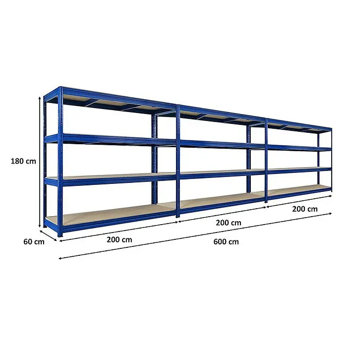 Proregal Schwerlastregal Mega Deal DINO - H x B x T: 180 x 200 x 60 cm, Traglast pro Boden: 500 kg, Anzahl Böden: 4 Stk., Stecken, Blau - Regal mit vier Ebenen, blauem Metallrahmen und Holzregalböden. Abmessungen: 180 cm hoch, 60 cm tief und 600 cm breit.