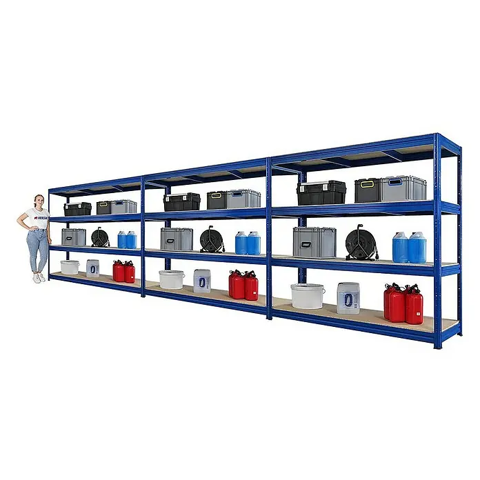 Proregal Schwerlastregal Mega Deal DINO - H x B x T: 180 x 200 x 60 cm, Traglast pro Boden: 500 kg, Anzahl Böden: 4 Stk., Stecken, Blau - Ein blaues Schwerlastregal mit vier Ebenen und verschiedenen Behältern, Eimern und Kanistern. Praktische Aufbewahrungslösung!