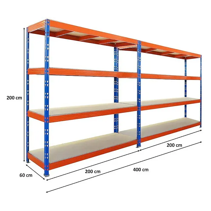 Proregal Schwerlastregal Mega Deal Profi RHINO - Traglast pro Boden: 500 kg, Anzahl Böden: 4 Stk., Stecken, Blau-Orange - Abbildung eines robusten Lagerregals in Orange und Blau, das durch seine Maße und Stabilität überzeugt. Ideal für Lagerhaltung.