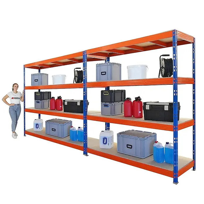Proregal Schwerlastregal Mega Deal Profi RHINO - Traglast pro Boden: 500 kg, Anzahl Böden: 4 Stk., Stecken, Blau-Orange - Abbildung eines Regalsystems mit orangen und blauen Akzenten, das zur Lagerung und Organisation von Gegenständen wie Boxen und Kanistern dient.