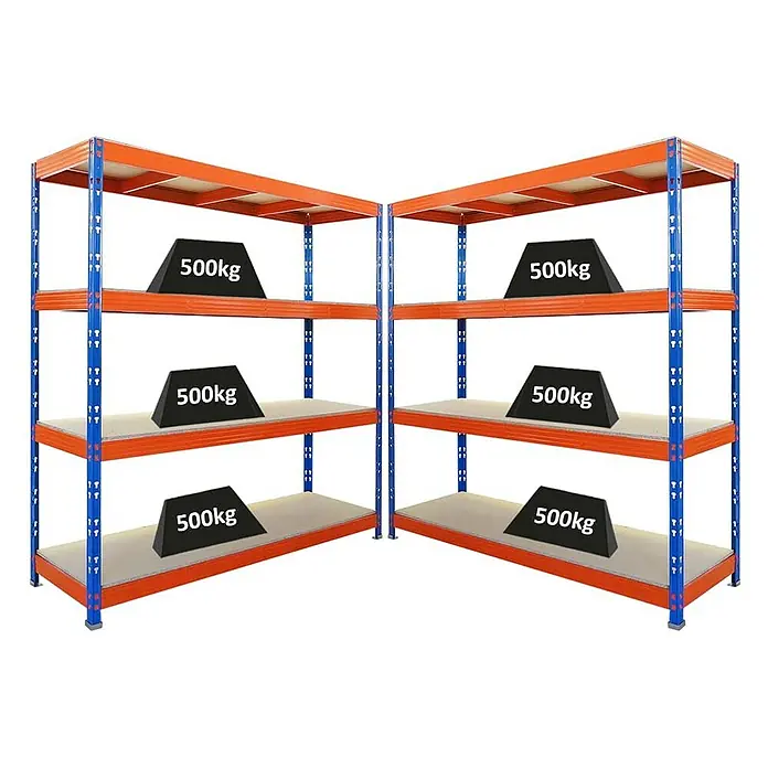Proregal Schwerlastregal Mega Deal Profi RHINO - Traglast pro Boden: 500 kg, Anzahl Böden: 4 Stk., Stecken, Blau-Orange - Zwei blaue und orangefarbene Schwerlastregale sind mit je drei 500 kg schweren Gewichten pro Regal ausgestattet.