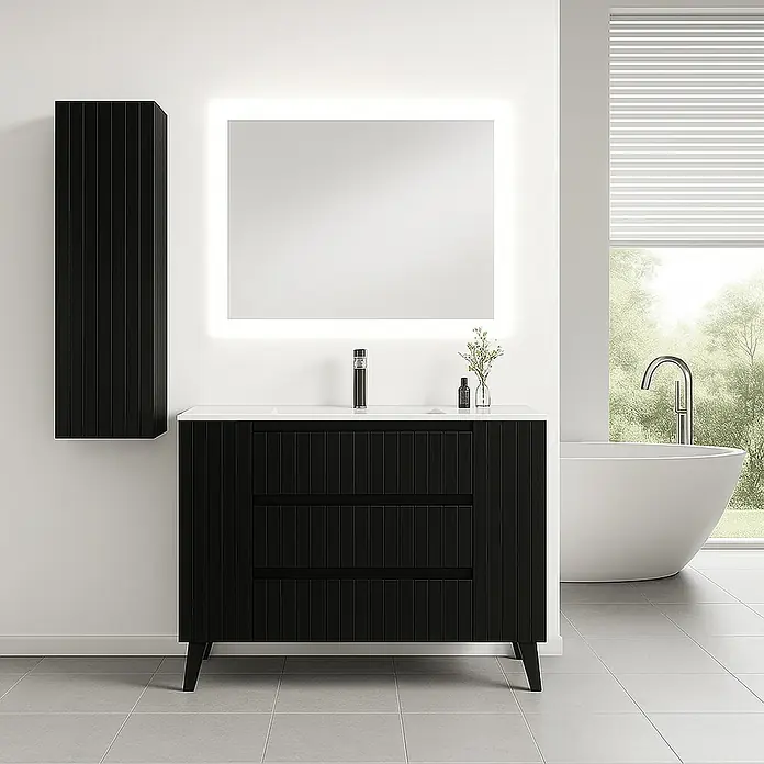 Mueble bajo de lavabo Claire - L x An x Al: 45 x 100 x 81 cm, Negro, 1 seno, empotrado, salida central, Número de cajones: 3 ud. - Mueble de baño negro con tres cajones, armario de pared a juego y espejo iluminado para un diseño moderno.