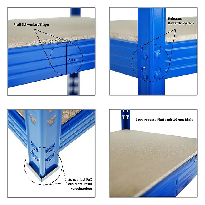 Proregal Schwerlastregal Profi RHINO - H x B x T: 180 x 200 x 60 cm, Traglast pro Boden: 500 kg, Anzahl Böden: 4 Stk., Stecken, Blau - Detailansichten eines blauen Schwerlastregals mit robusten Regalböden, Butterfly System, stabilen Trägern und verstellbaren Füßen.